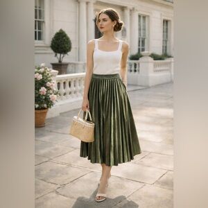 Roolee Deep Green Accordion Swing Metallic Pleated Midi Skirt NWOT